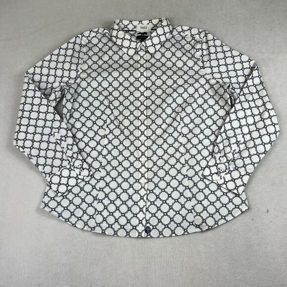 Talbots Shirt Womens Button Up 16 White Navy Blue Geometric Print Long Sleeve - Picture 9 of 13